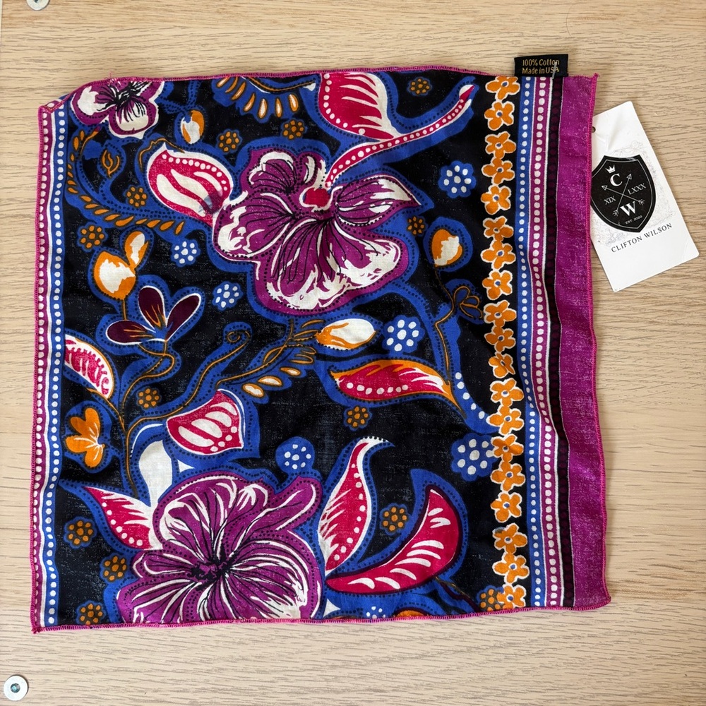 (NWT) CLIFTON WILSON Purple Floral Cotton Pocket Square Navy/ Purple made in USA